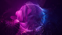 Cyber Background Design. Tropical Plants With Blue And Pink, Circle Shaped Neon Frame.