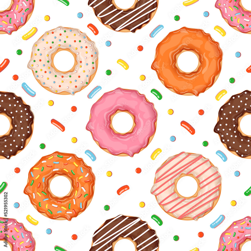 Seamless pattern with donuts of different flavors and toppings. Vector ...