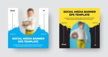 Poster - EPS vector web banner template, white, blue, black, yellow leaflet with brush strokes, place for photo, info, brand.