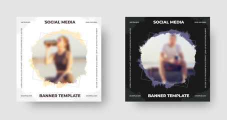 Poster - Vector banner template, with design, white, black leaflet background, round brush strokes with linear square for photo, for social media.