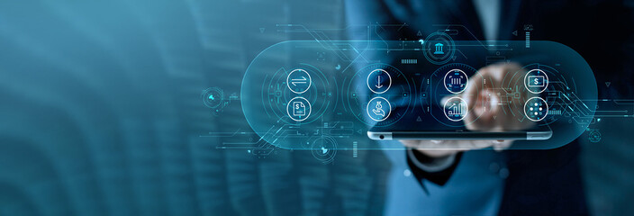 Poster - Businessman using tablet online banking and payments, Digital marketing. Finance and banking network. Online shopping and icon customer networking connection, cyber security. Business technology.