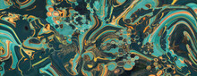 Liquid Swirls In Beautiful Turquoise And Yellow Colors, With Gold Powder. Elegant Design Banner.