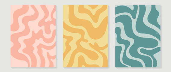 set of abstract wall art vector background. wall decor design with pink, yellow, blue, wavy shapes, 
