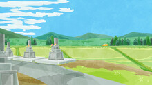 お墓のある田舎の日本風景手描き水彩風イラスト
