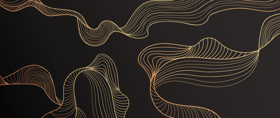 Elegant abstract line art on dark background. Luxury hand drawn with gold wavy line and abstract shapes. Shining wave line design for wallpaper, banner, prints, covers, wall art, home decor.