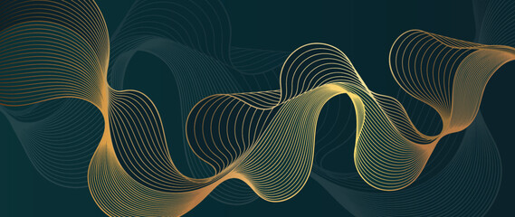 Wall Mural - elegant abstract line art on dark green background. luxury hand drawn with gold wavy line and abstra