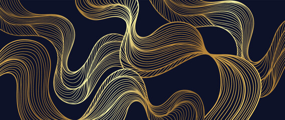 Elegant abstract line art on dark blue background. Luxury hand drawn with gold wavy line and abstract shapes. Shining wave line design for wallpaper, banner, prints, covers, wall art, home decor.