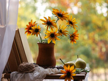 Vase With Yellow Flowers And Books On The Background Of Autumn Nature. Autumn Still Life