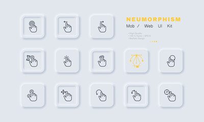 Poster - Touch gestures set icon. Screen, control, hand, finger, index, push, press, tap, left, right swipe, arrow, loading, hourglass, circular, clock, move. Technology concept. Neomorphism. Vector line icon