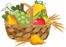 Autumn And Summer Vegetables In A Basket Grapes Pumpkins Wheat Pear Thanksgiving Day