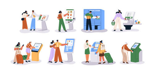 Aufkleber - People at self-service ordering kiosks set. Buying ticket, paying for grocery, searching information at smart digital screens, displays. Flat graphic vector illustrations isolated on white background
