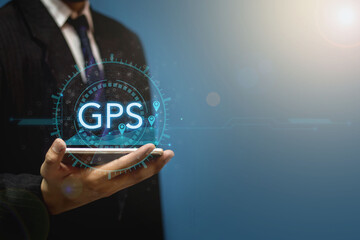 business people use internet network on mobile phone Find city location with GPS Navigator Map. Man holding smartphone connected to GPS location icon showing business, travel, destination.