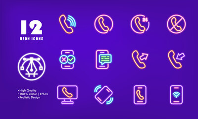 Poster - Contact us set icon. Communication, phone, landline, around the clock, call center, hotline, operator, accept, decline, reject, incoming, outgoing, wifi. Business concept. Neon glow. Vector line icon