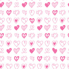 Wall Mural - vector seamless pattern with cute various hand drawn simple hearts doodle on white background. roman