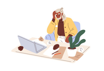 Poster - Work crisis, lack of ideas, burnout concept. Sad confused creative worker, crumpled papers at office desk. Frustrated employee at laptop. Flat graphic vector illustration isolated on white background