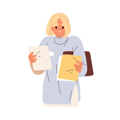 Aufkleber - Upset person holding documents. Sad surprised employee reading business report. Office worker with official papers, bad information in hands. Flat vector illustration isolated on white background