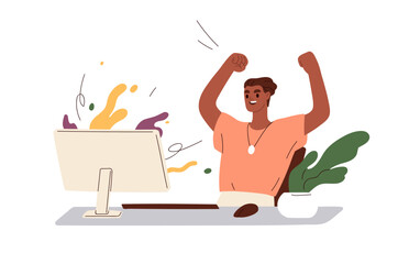 Wall Mural - success at work, victory in business concept. happy employee at computer desk, rejoicing achieved go