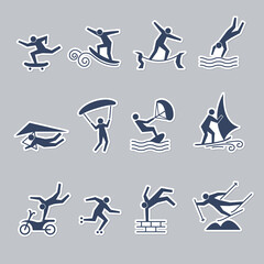 Sticker - Extreme sport. Fitness icons active lifestyle outdoor people climbing rafting running walking jumping recent vector stylized symbols