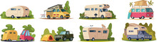 Camping Vehicles. Outdoor Travel Cars For Happy Vacation Time Exact Vector Camping Tourism Adventure Cartoon Illustrations