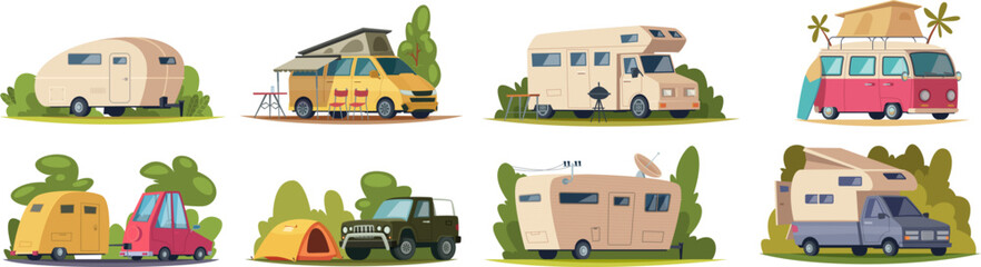 camping vehicles. outdoor travel cars for happy vacation time exact vector camping tourism adventure