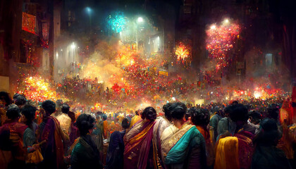 Wall Mural - Crowd of people in Diwali festival with colorful fireworks background