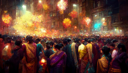 Wall Mural - Crowd of people in Diwali festival with colorful fireworks background