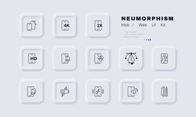 Poster - Phone technologies set icon. 4K, 2X speed, HD video, memory card, color scheme, navigator, sim cards, battury charge, screen stylus. Apps concept. Neomorphism style. Vector line icon for Business