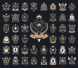 Wall Mural - Classic style emblems big set, ancient heraldic symbols awards and labels collection, classical heraldry design elements, family or business emblems.