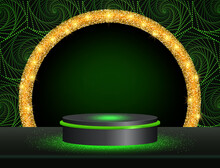 Vector Stage Green Dot Spiral Background With Black Round Platform And Sparkle Arch For Design