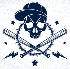 Wall Mural - Brutal gangster emblem or logo with aggressive skull baseball bats and other weapons and design elements, vector anarchy crime or terrorism retro style, ghetto revolutionary.