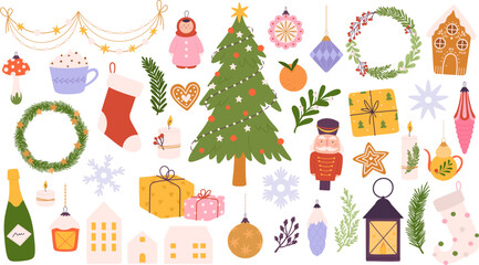 cute doodle christmas decorations, nutcracker toy, sweets and xmas tree. festive wreath with berry, 