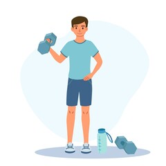 A young man with dumbbells and bottle of water. Healthy sport lifestyle concept. Illustration for website, banner or flyer design.