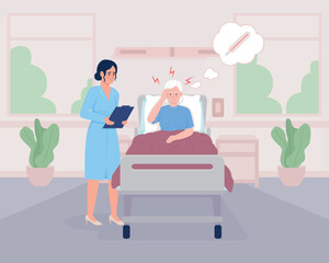 Poster - Doctor and patient with high temperature flat color vector illustration. Fever and headache. Healthcare. Fully editable 2D simple cartoon characters with Hospital interior on background