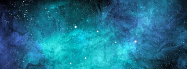 Wall Mural - Nebula and stars in night sky web banner.  Space background with realistic nebula and shining stars. Abstract scientific background with nebulae and stars in space.  Multicolor outer space.