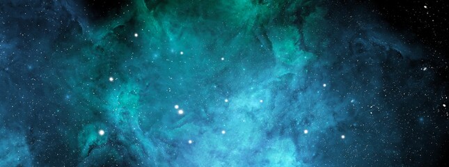 Wall Mural - Nebula and stars in night sky web banner.  Space background with realistic nebula and shining stars. Abstract scientific background with nebulae and stars in space.  Multicolor outer space.