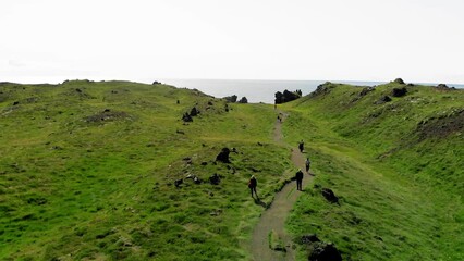 Wall Mural - Djupalonssandur coastline in summer season, Iceland. Aerial view from drone perpective. Slow motion