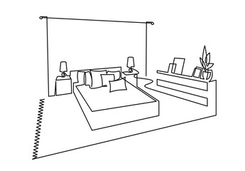 Modern bedroom furniture interior continuous one line drawing. Room line sketch drawing. Home Indoor design vector illustration.