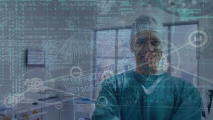 Poster - Animation of globe, connections and data processing over caucasian male surgeon smiling