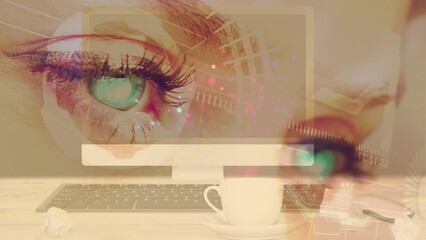 Poster - Animation of glowing lights over computer and woman's green eyes