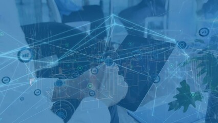 Poster - Animation of connections and metaverse city over hands of caucasian man using tablet