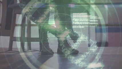 Poster - animation of screen with scientific data and dna over legs of caucasian man tying shoes
