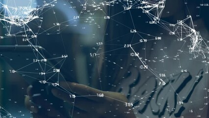 Poster - Animation of network of connections and data processing over woman using smartphone