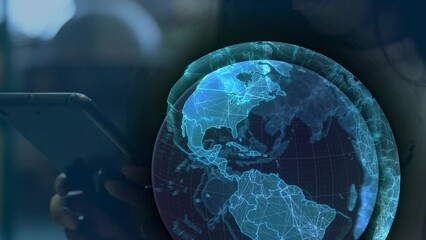 Poster - Animation of globe over hands of african american woman using tablet