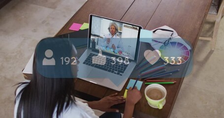 Poster - Animation of social media icons over caucasian woman on laptop video call