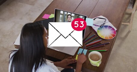 Poster - Animation of email icon with numbers over caucasian woman on laptop video call