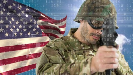 Poster - Animation of american flag and text over african american soldiers