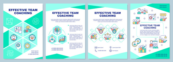 Effective team coaching mint brochure template. Collaboration. Leaflet design with linear icons. Editable 4 vector layouts for presentation, annual reports. Arial-Black, Myriad Pro-Regular fonts used
