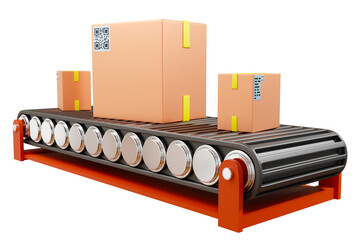 Poster - Technology fulfillment. Conveyor with boxes for Fulfillment business. Metaphor for fast order processing. Technology for Process Fulfillment. Cardboard parcels on conveyor. Order processing. 3d image