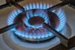 Close-up of the lit burner of a gas stove. Power heat and energy with blue flames