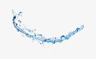 3d water splash transparent, clear blue water scattered around isolated on white background. 3d render illustration